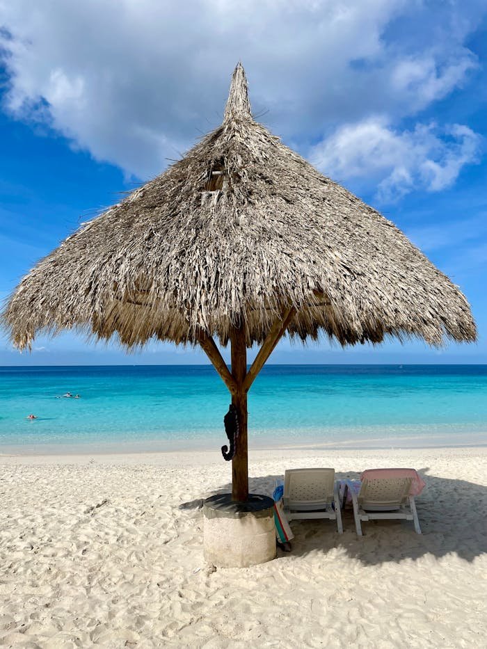 Serene beach scene featuring a thatched hut and turquoise waters, perfect for relaxing under the sun.